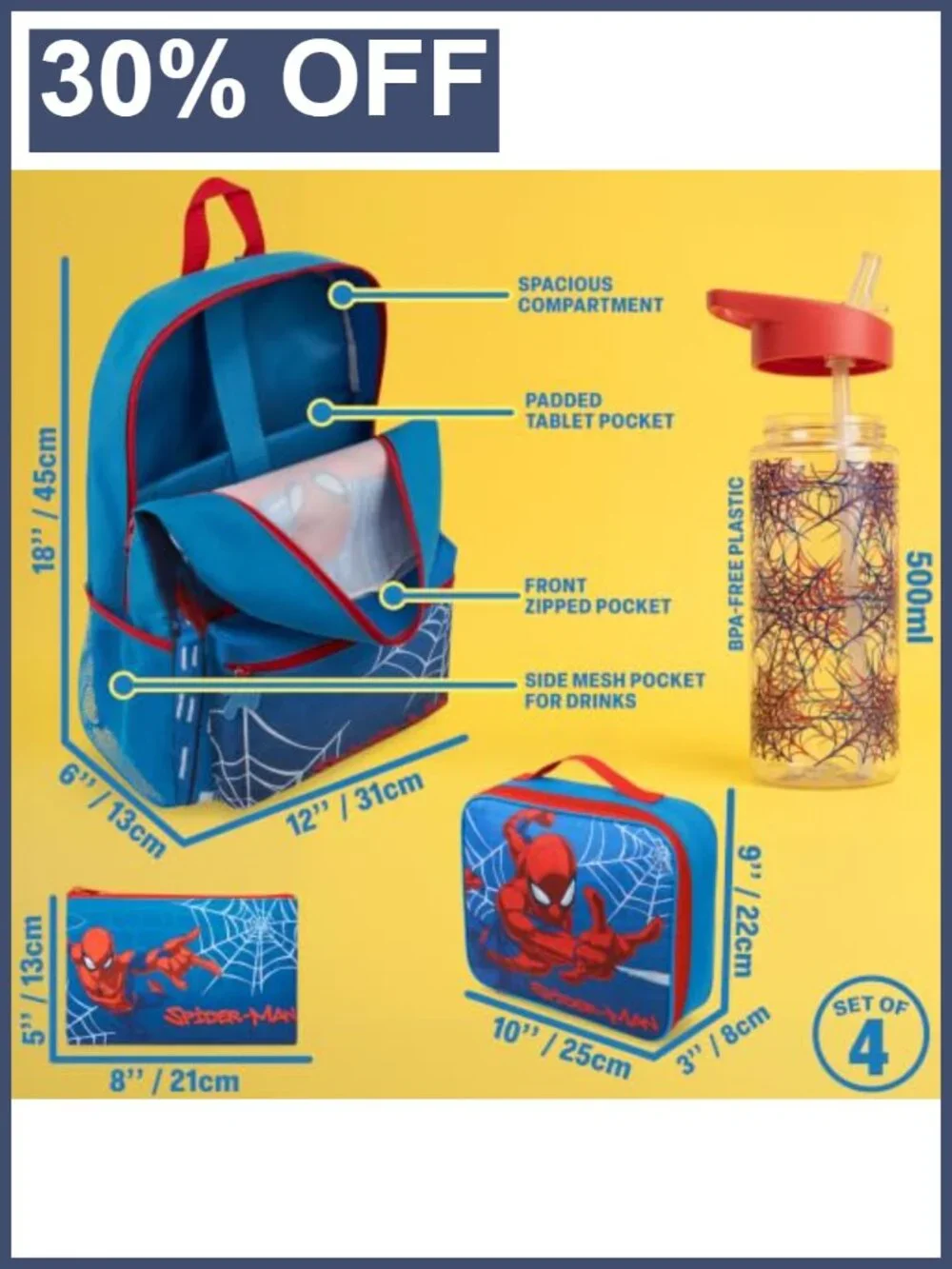 Marvel Spider-Man Boys Backpack Set 4 Pc with Lunch Bag & Pencil Case